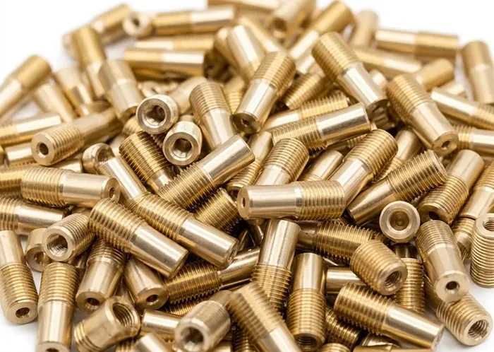 Free-cutting brass custom shoulder stud copper machining components manufactured via automatic continuous bar-fed CNC turning with external threads and concentric drilled through hole by FIWOK METALWORKS China